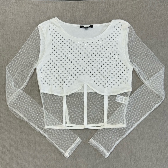 Papaya Tops - White Rhinestone Mesh Corset Crop Top